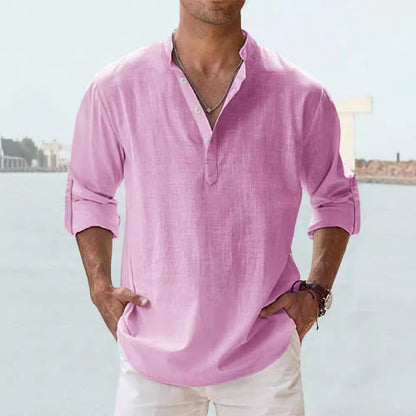 Trade Men's Linen Collar Long-sleeved T-shirt Loose T-shirt Solid Color Long-sleeved Cotton And Linen Shirt For Men