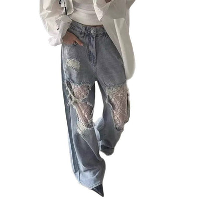 Women's Vintage Lace Stitching Ripped Jeans