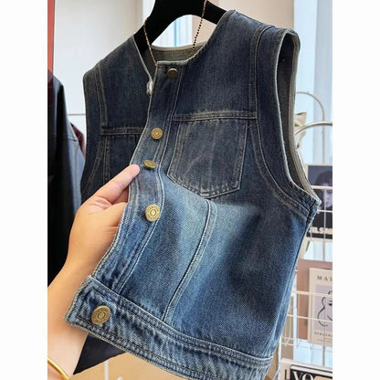Round-neck Loose-fit Figure-flattering Denim Vest Jacket