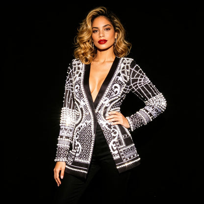 Pearl-bead Printed Petite Blazer For Women