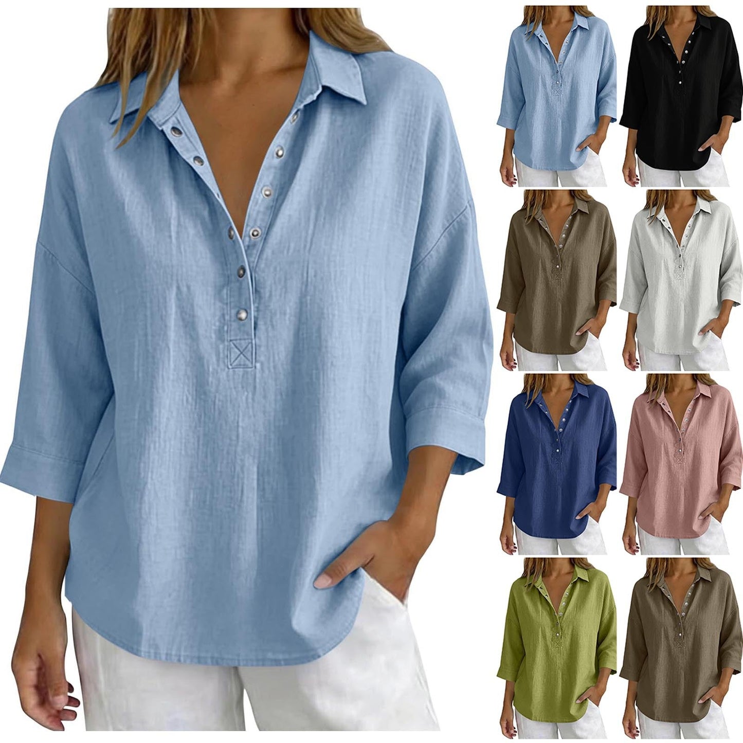 Womens Solid-Color Casual Three-Quarter-Sleeve Shirt