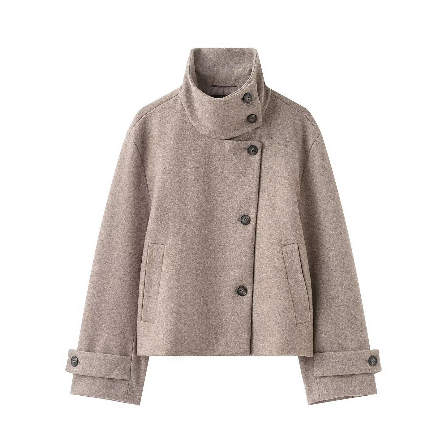 Womens Solid-Color Casual Stand-Collar Jacket With Buttons