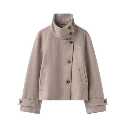 Womens Solid-Color Casual Stand-Collar Jacket With Buttons