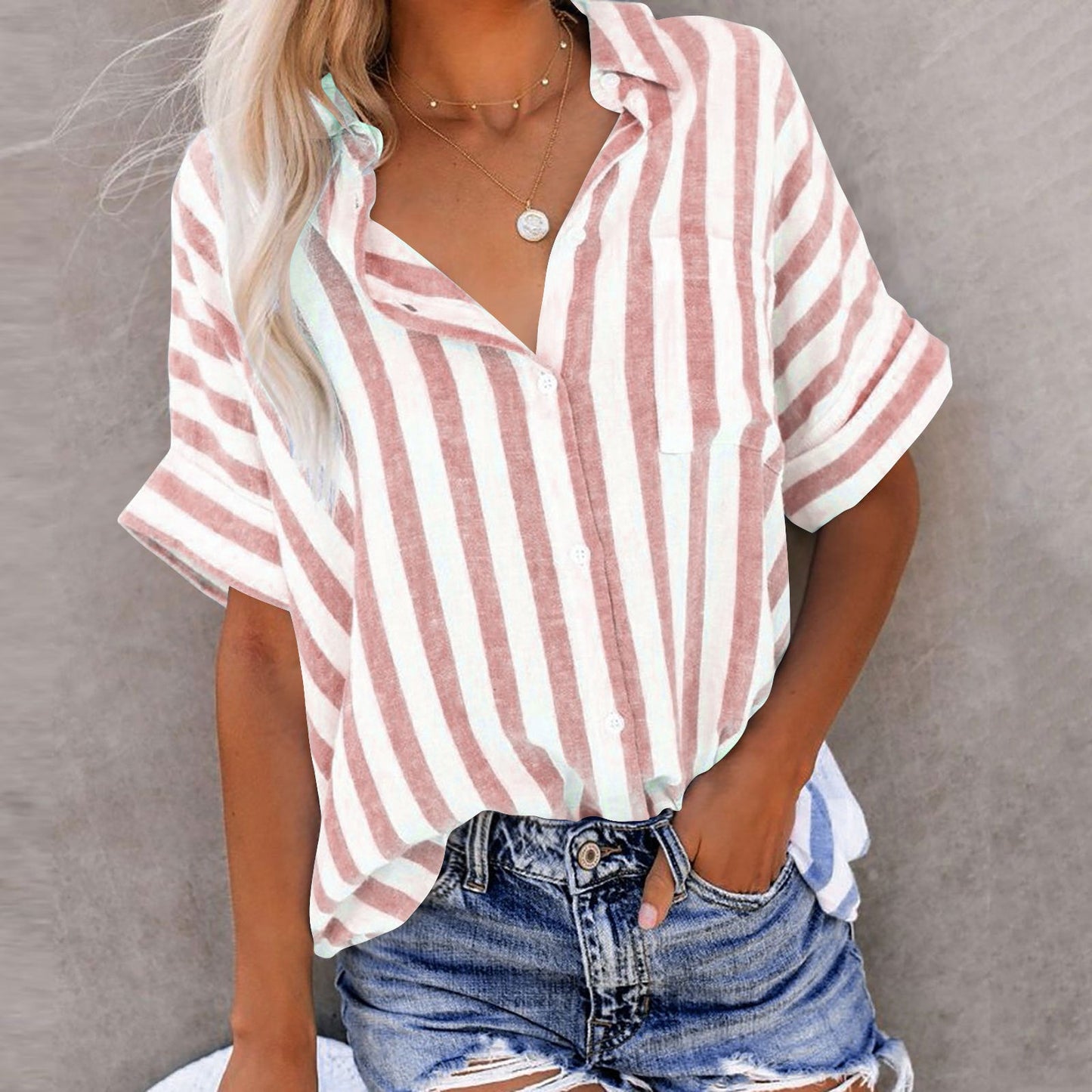 Striped Short Sleeve Lapel Casual Button Pocket Cardigan Short Sleeve Shirt