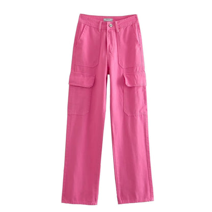 Women's Straight Solid Color Pocket Loose Casual Pants