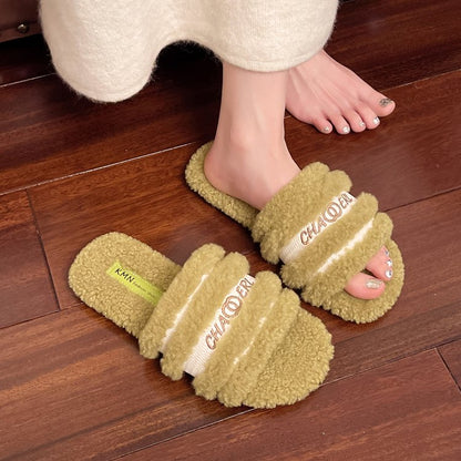 Women's Furry Slippers For Outdoor Wear, 2026 New Autumn Winter Trendy Single Band Fluffy Cotton Slippers