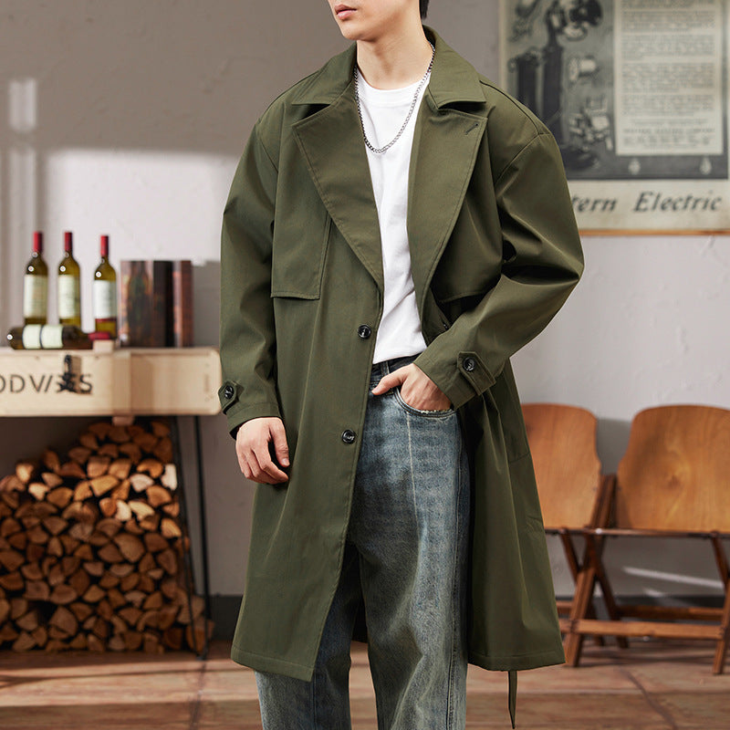 Mens Solid-color Versatile Mid-length Trench Coat