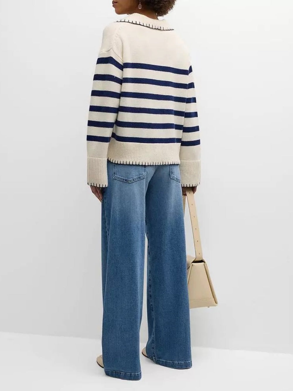 2024 Autumn And Winter Cross-border Amazon Loose Stripe Contrast POLO Collar Pullover Sweater New Inter-color Knitted Sweater For Women