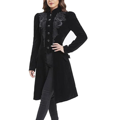 Retro-chic Fitted Waistline Printed Long-sleeve Stand-collar Coat
