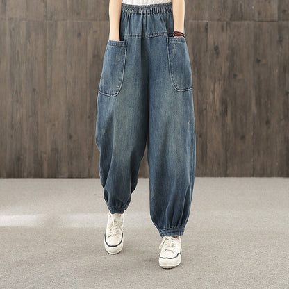 Plus-size Straight-leg Denim Cropped Pants Womens Korean-style Loose Fit