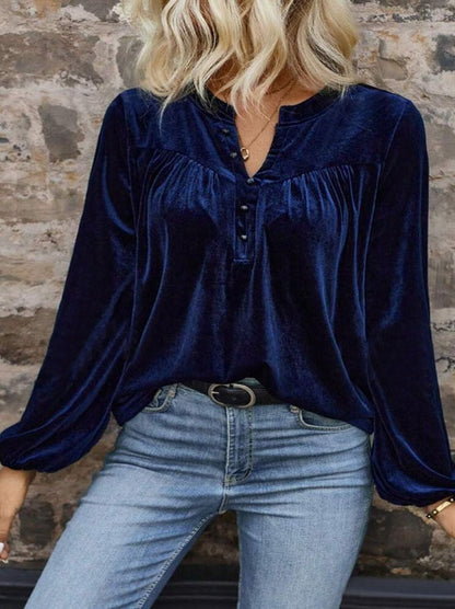 Women's Casual Chic Solid Color V-Neck Button Long Sleeve Pullover Top For Spring & Fall