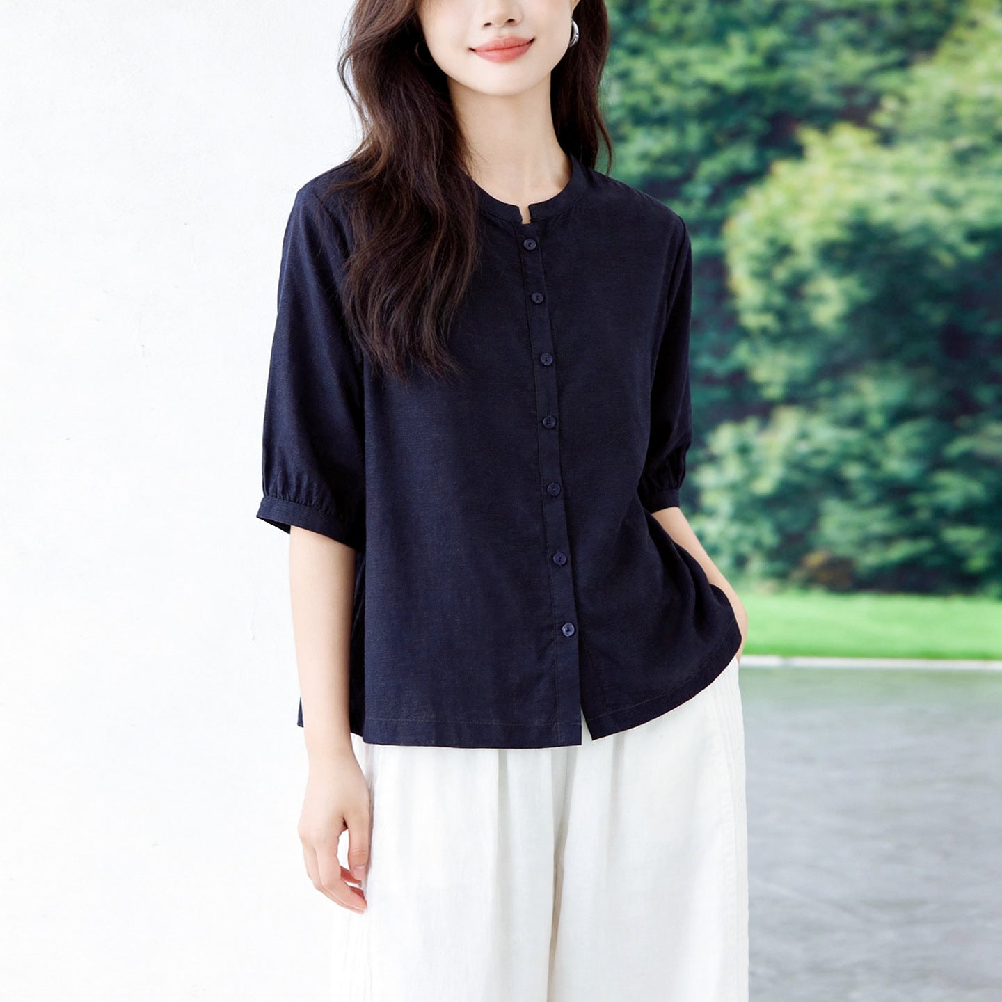 Retro Cotton-linen Blouse For Women Three-quarter Sleeves Arrival Round Neck