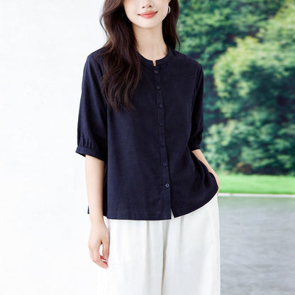 Retro Cotton-linen Blouse For Women Three-quarter Sleeves Arrival Round Neck