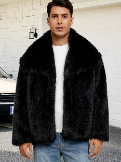 Mens Short Lapel-style Faux Fur Jacket Warm Outerwear
