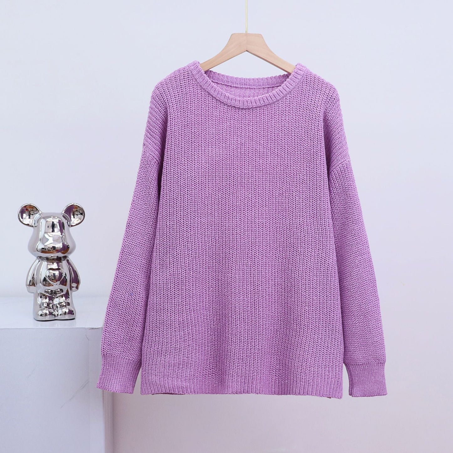 Loose-fit Crew-neck Solid-color Long-sleeve Knit Cardigan