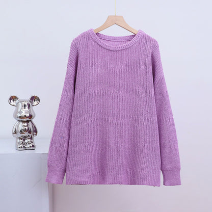 Loose-fit Crew-neck Solid-color Long-sleeve Knit Cardigan