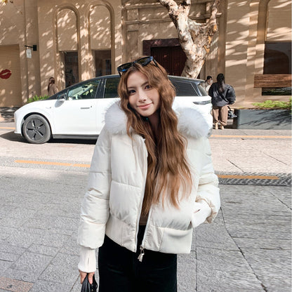 Womens Stylish Waist-cinching Figure-flattering Cropped Coat With A Large Fur-lined Hood
