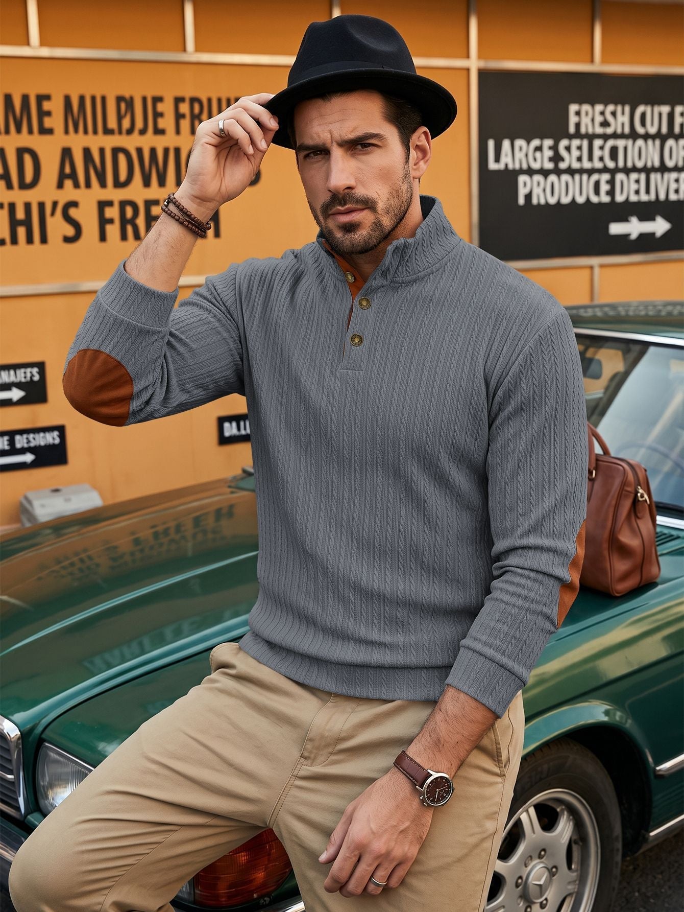 American-style Mens Top With A Stand-up Collar And Textured Jacquard Weave