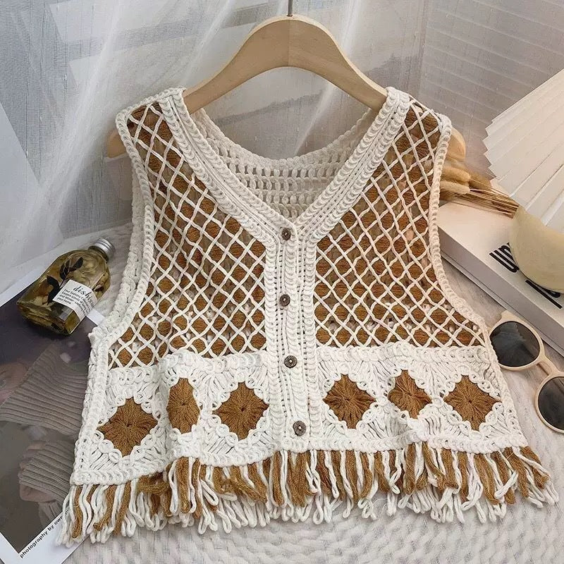 Vintage Diamond-Pattern Tassel Knitted Vest For Women
