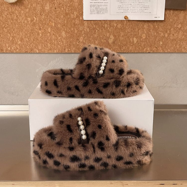 Women's French Style Plus Size Leopard Print Furry Slippers, Wearable Outdoors, 2026 Autumn Winter New Arrival, Round Toe Lazy Platform Cotton Slippers