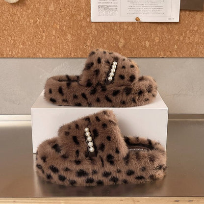 Women's French Style Plus Size Leopard Print Furry Slippers, Wearable Outdoors, 2026 Autumn Winter New Arrival, Round Toe Lazy Platform Cotton Slippers