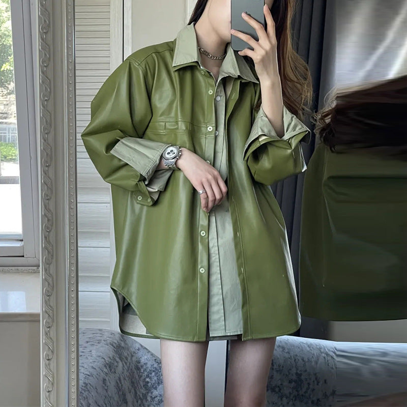 Spring Autumn Long Sleeve Thin Shirt And PU Jacket Two Piece Set