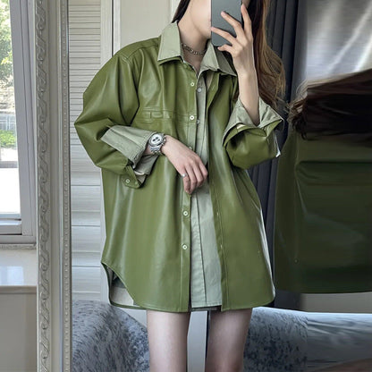 Spring Autumn Long Sleeve Thin Shirt And PU Jacket Two Piece Set