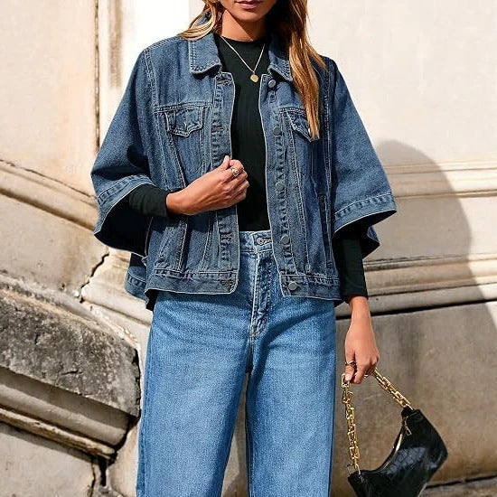 Autumn Womens Batwing-Sleeve Loose Denim Jacket