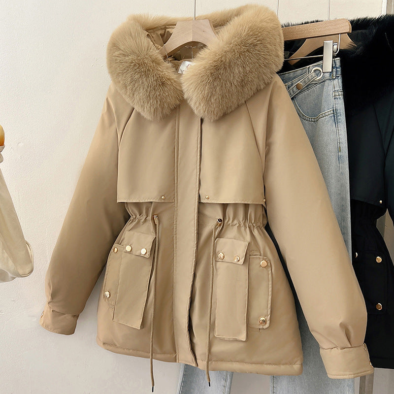 Womens Solid-Colored Loose Cotton Padded Coat With A Large Furry Collar