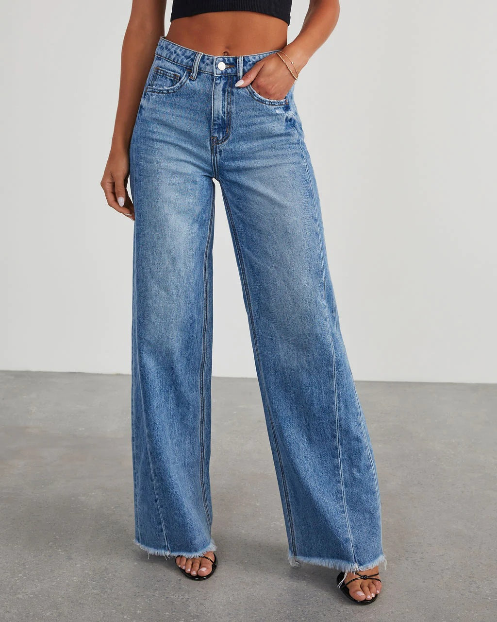 Europe And The United States Cross-border New Amazon Loose Wide Leg Side Stitching Framed Hem Jeans Women's 32150