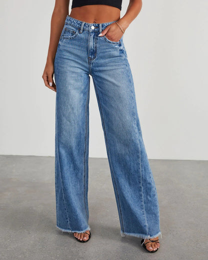Europe And The United States Cross-border New Amazon Loose Wide Leg Side Stitching Framed Hem Jeans Women's 32150