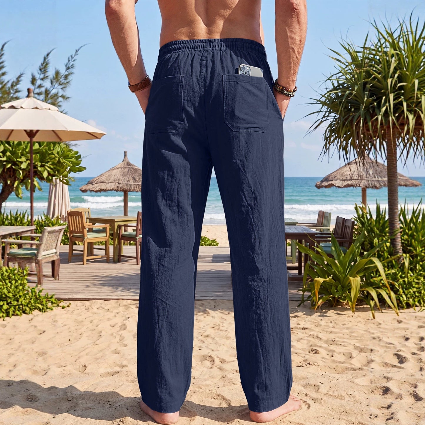 Mens American-style Linen Sand-washed Crinkled Casual Trousers