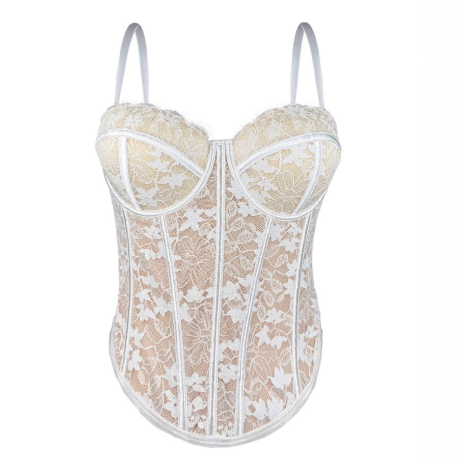 New Cross-border European And American Spice Girls Black Lace Inner Strap High-end Outer Wear Body Shaping Push-up Fishbone Bra