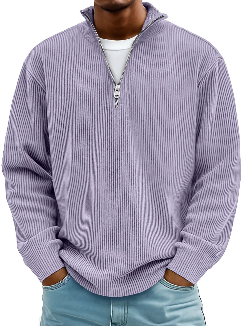 Autumn And Winter New Men's Casual Stand-Up Collar Zipper Corduroy Long-Sleeved Men's Polo Shirt Sweatshirt
