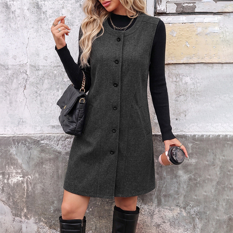 Solid-color Long Crew-neck Wool Sleeveless Vest