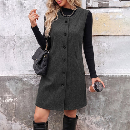 Solid-color Long Crew-neck Wool Sleeveless Vest