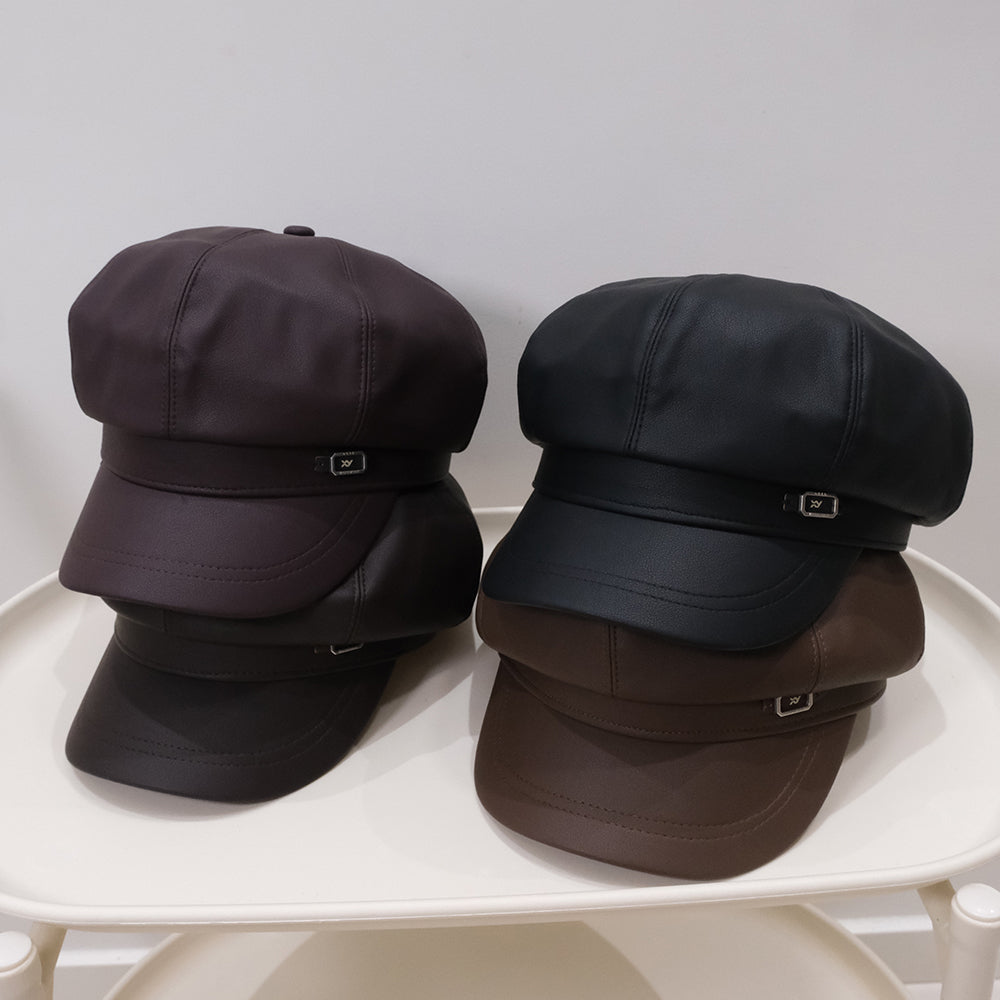 Fashionable Retro Matte PU Solid-color Newsboy Hat With Metal Label And Soft Leather Pumpkin Hat For Autumn Winter, Classic British Style, Versatile For All Occasions