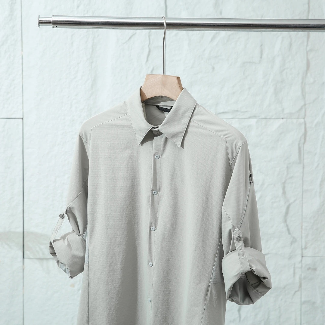 Men Technical Outdoor Quick Dry Long Sleeve Shirt Ventilated Underarm Mesh Zipper Sleeve Pocket Convertible Sleeve Travel Trekking Casual Shirt