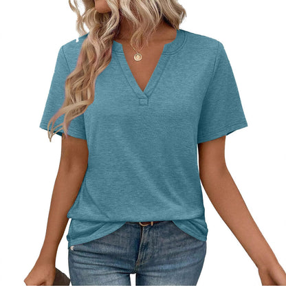 Summer Casual Deep V-Neck Solid Color T-Shirt  Slim Fit Short Sleeve Top, Comfortable & Versatile