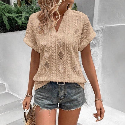 European And American Cross-Border Summer New Casual Hollow Jacquard V-Neck Loose Short-Sleeved Shirt For Women