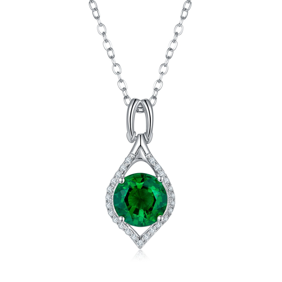 S925 Silver 2.7g Platinum Plated 2.3ct Lab-Created Emerald Necklace, 8mm Halo Pendant, 40&5cm