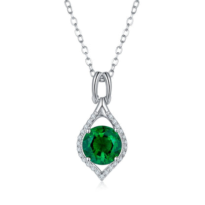 S925 Silver 2.7g Platinum Plated 2.3ct Lab-Created Emerald Necklace, 8mm Halo Pendant, 40&5cm