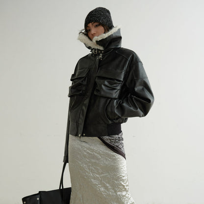 Color-blocked Relaxed-fit PU Faux Leather Black Turtleneck Jacket