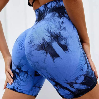 Summer European And American Tie-dyed Three-point Fitness Pants Women's High Waist Hip Lifting Tight Sports Running Peach Belly Contracting Yoga Shorts
