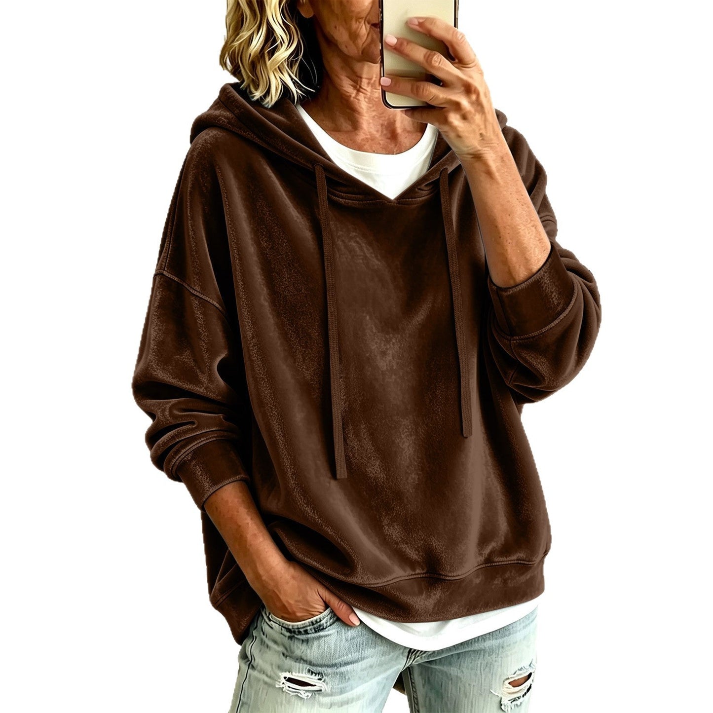 Womens Casual Solid-Color Hooded Long-Sleeve Top With Drawstring