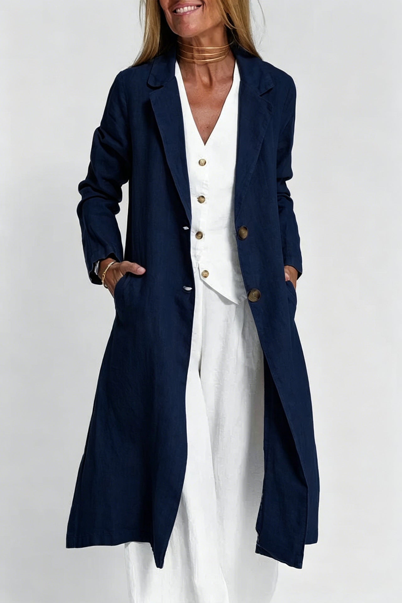 Long-sleeve Buttoned Cotton-linen Trench Coat With A Suit Collar