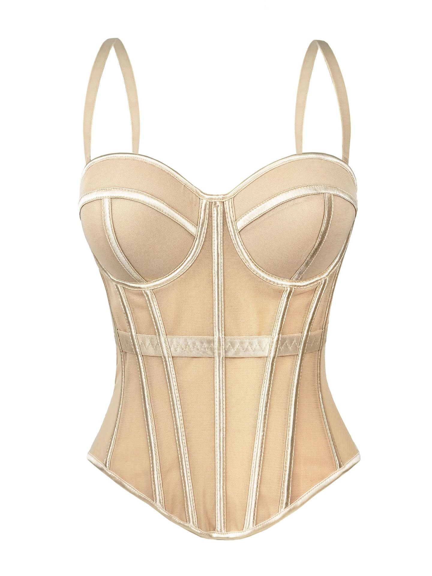European And American Pure Color Fashionable Fishbone Bra, Waist Slimming Look Mesh Camisole With Breast Pads, Fishbone Top For Outer Wear