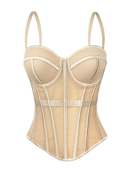 European And American Pure Color Fashionable Fishbone Bra, Waist Slimming Look Mesh Camisole With Breast Pads, Fishbone Top For Outer Wear