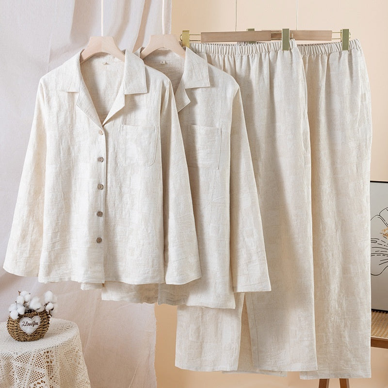 Simple Solid-color Cotton-linen Pajama Set For Couples Spring And Autumn Collection