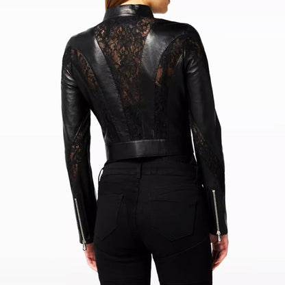 Faux Leather Lace Patchwork Cropped Jacket